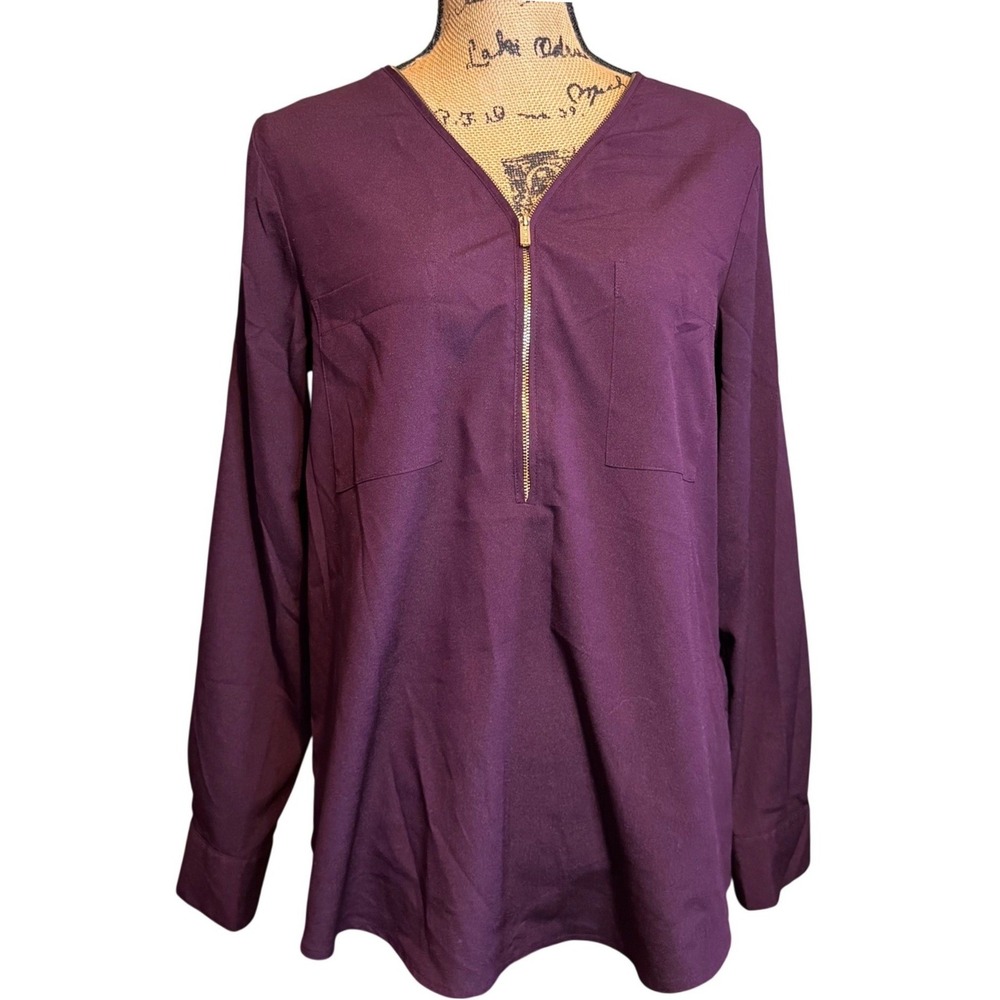 Calvin Klein Womens Offfice Business Career Formal Zip Up Blouse Purple‎ Medium